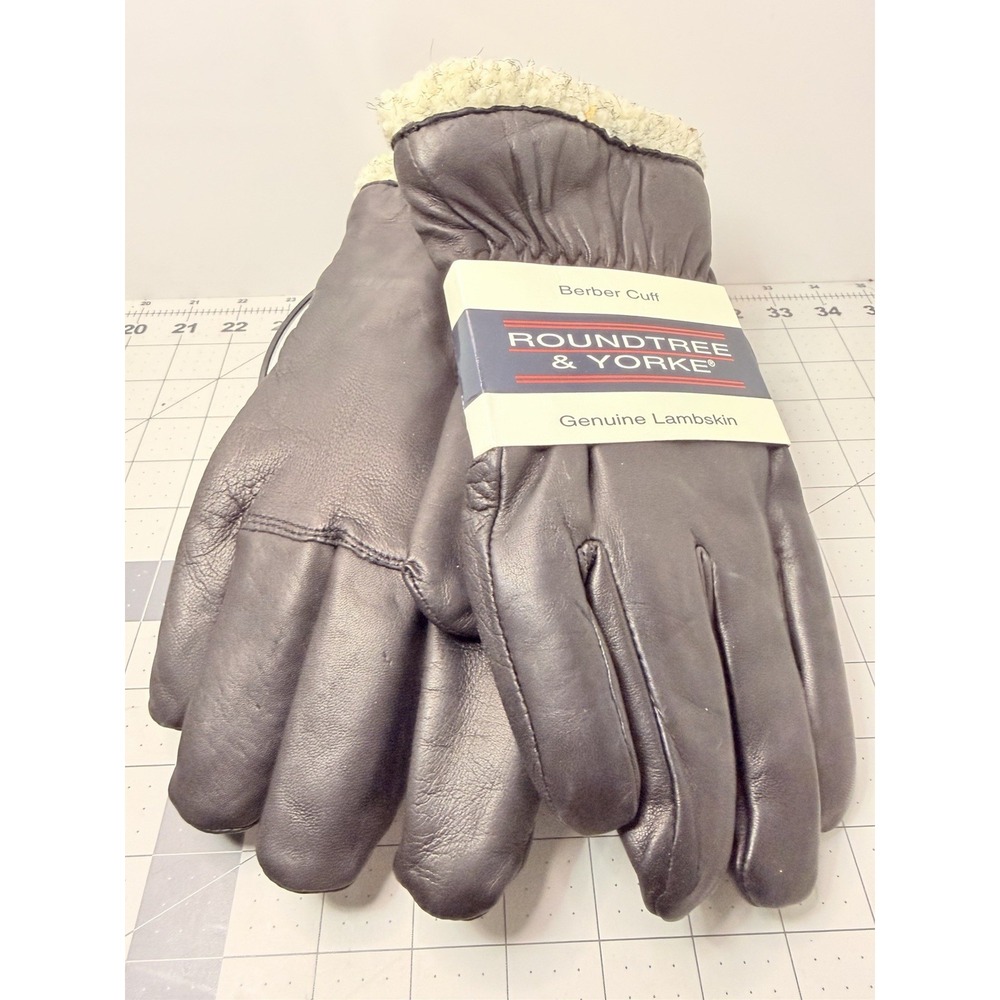 Roundtree & Yorke Mens Black Genuine Lambskin Leather Gloves Berber Cuff NWT
